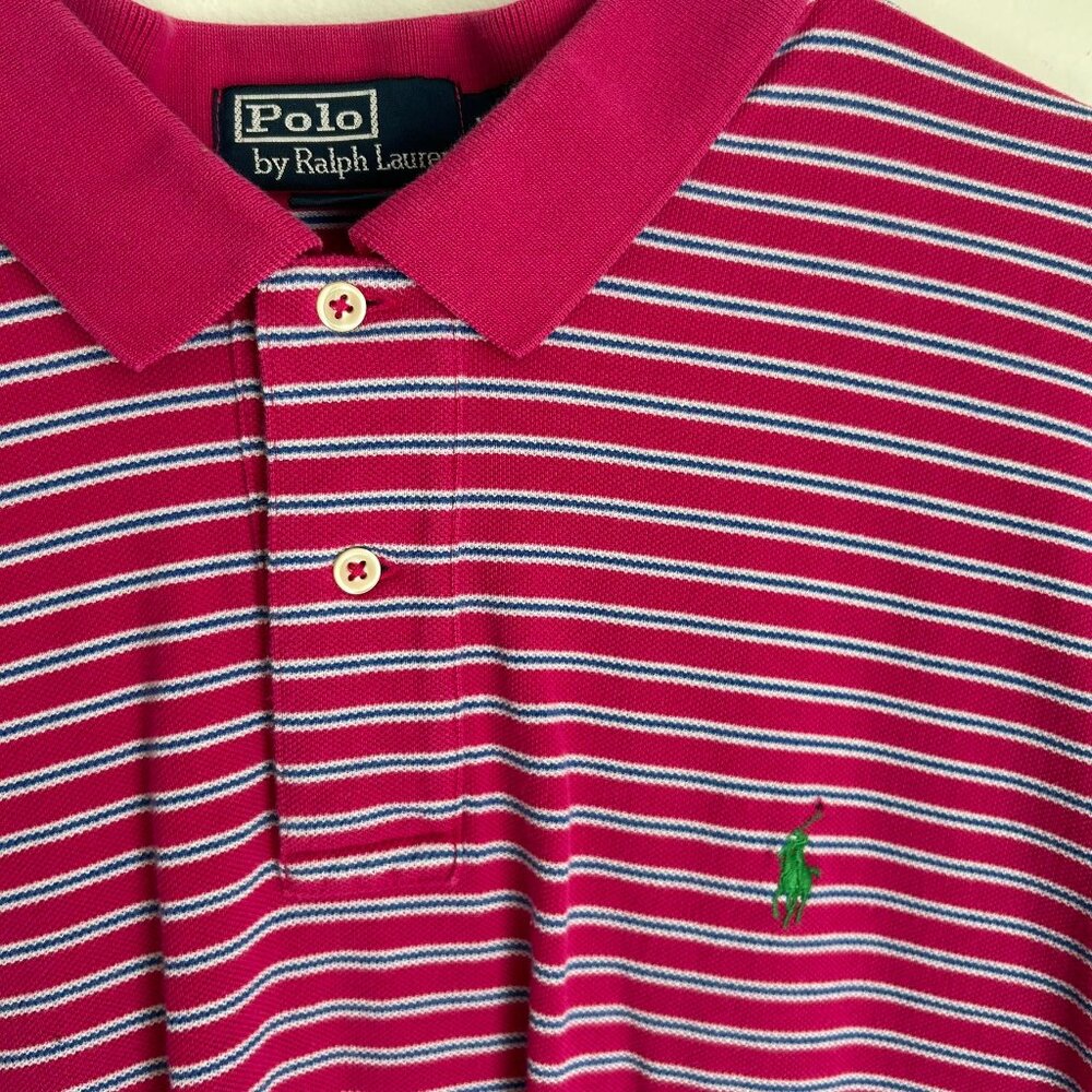 Ralph Lauren Double Striped Cotton Polo- XXL - Pink w/ Blue White Stripes